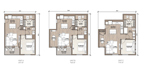 Three floor plans for apartments labeled A, B, and C.